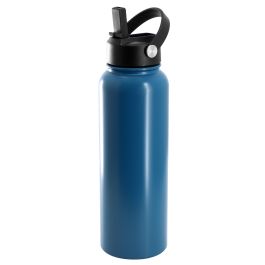 Gibson Home Marina 38 Ounce Double Wall Stainless Steel Thermal Bottle with Lid and Straw in Matte Blue